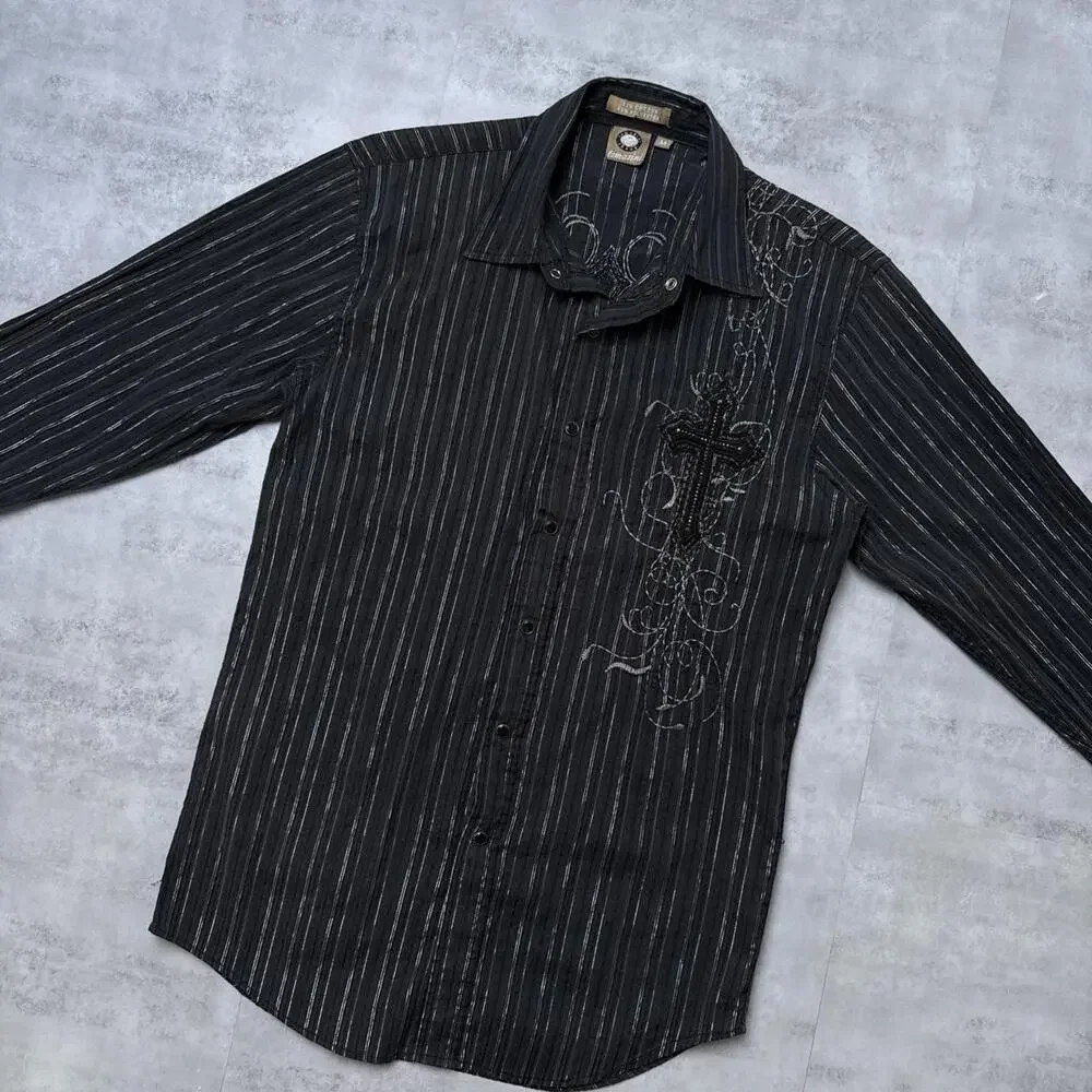 Y2K Lamasini Cross Embroidered 00s Button Up Shirt - Picture 7 of 7